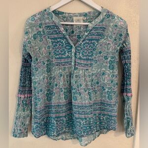 Blue Boheme Printed Peasant Blouse Gauze Floral Cottagecore Coastal Beach Cruise